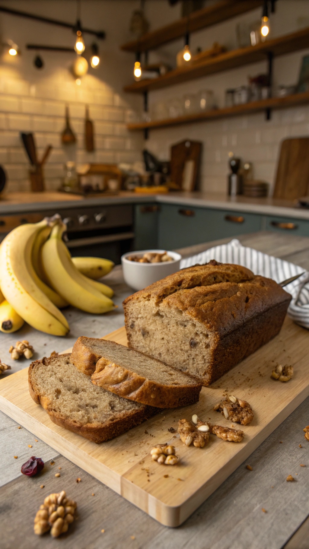 A loaf of banana bread sliced on a wooden board with bananas and nuts in the background.