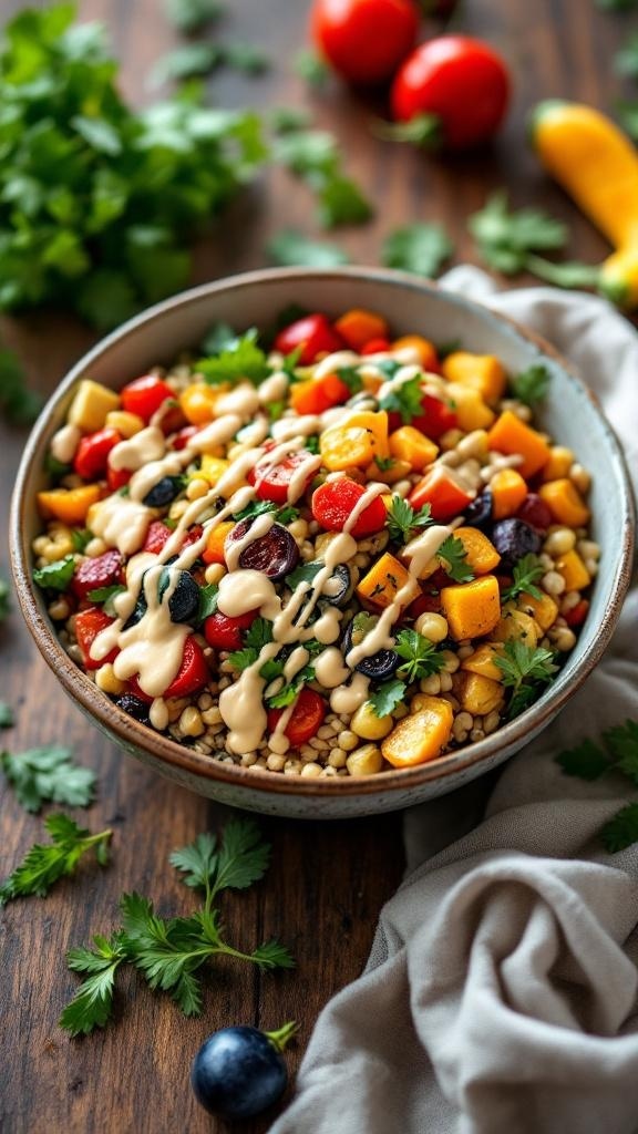 A bowl filled with barley and roasted vegetables, topped with a creamy sauce and garnished with fresh herbs.