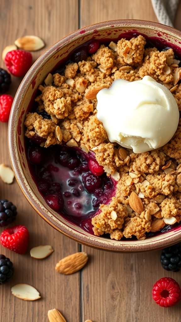 A bowl of berry almond crumble topped with ice cream, surrounded by fresh berries and almonds.