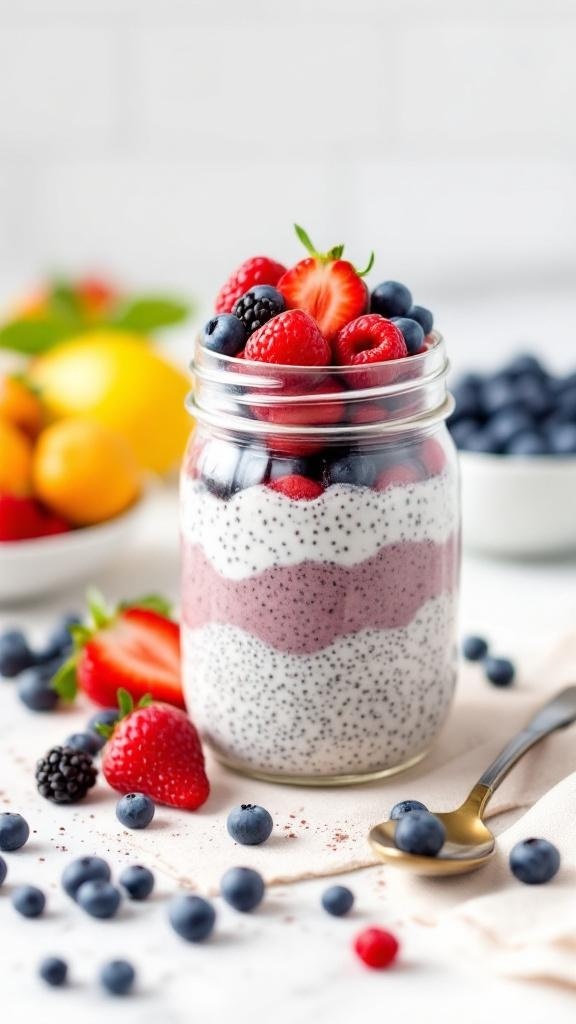 A jar of berry chia seed pudding topped with fresh strawberries, blueberries, and raspberries.