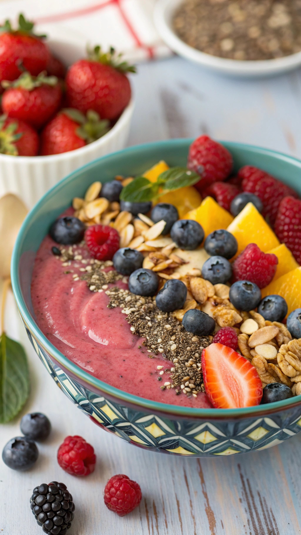 A colorful berry smoothie bowl topped with fresh fruits and granola.