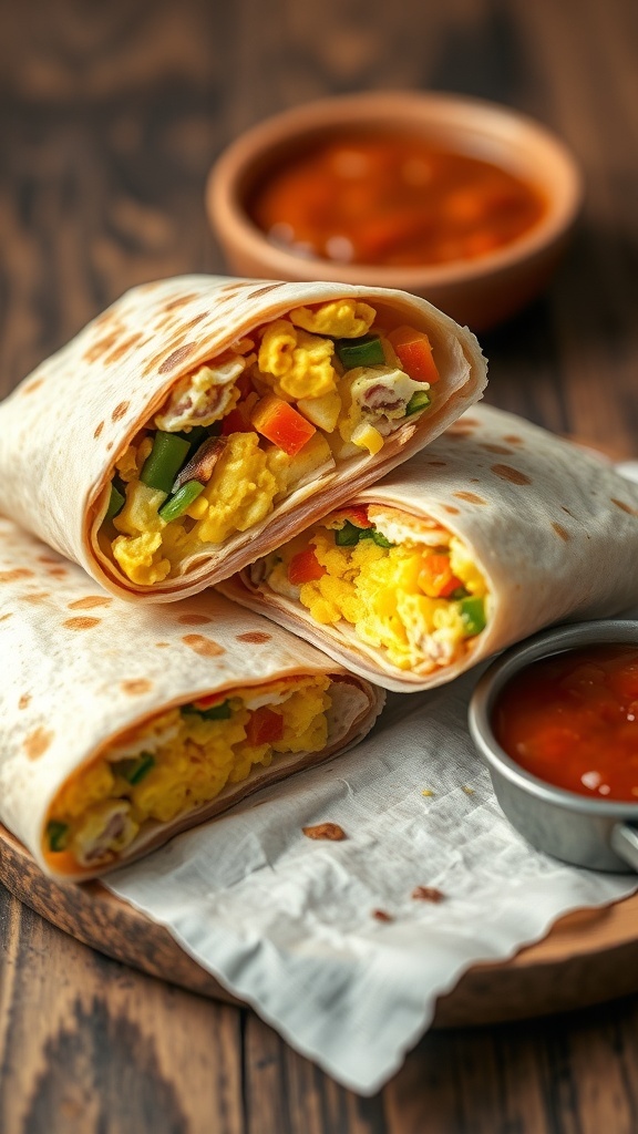 Breakfast burritos filled with eggs, peppers, and cheese, served with salsa.