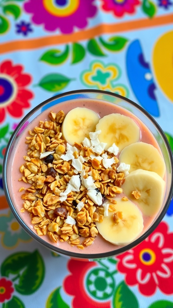 A colorful smoothie bowl topped with banana slices, granola, and edible flowers on a vibrant patterned background.
