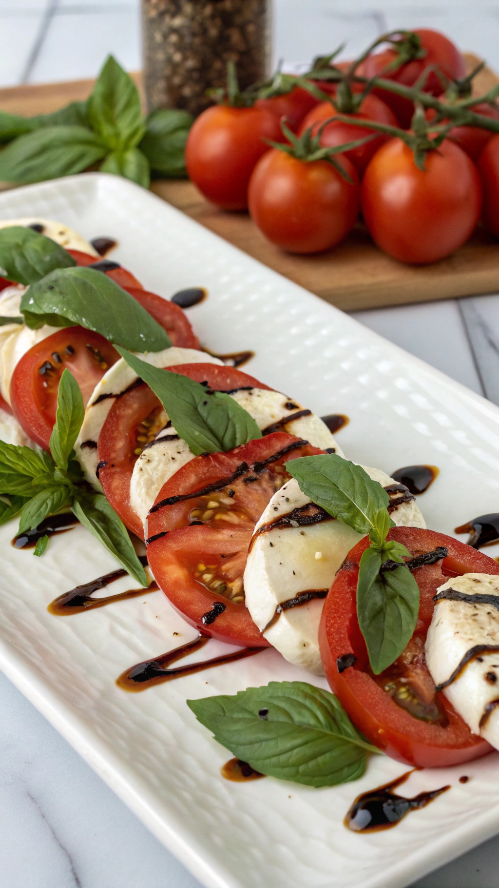 A vibrant Caprese salad with sliced tomatoes, mozzarella, and fresh basil drizzled with balsamic glaze.