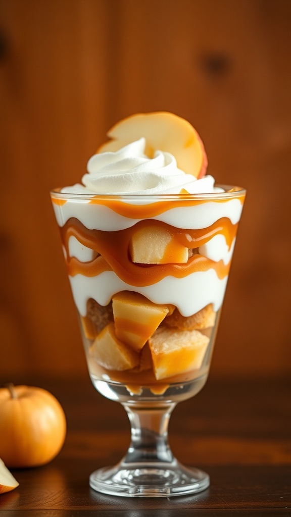A delicious caramel apple parfait in a glass, layered with apples, yogurt, granola, and topped with whipped cream and caramel sauce.