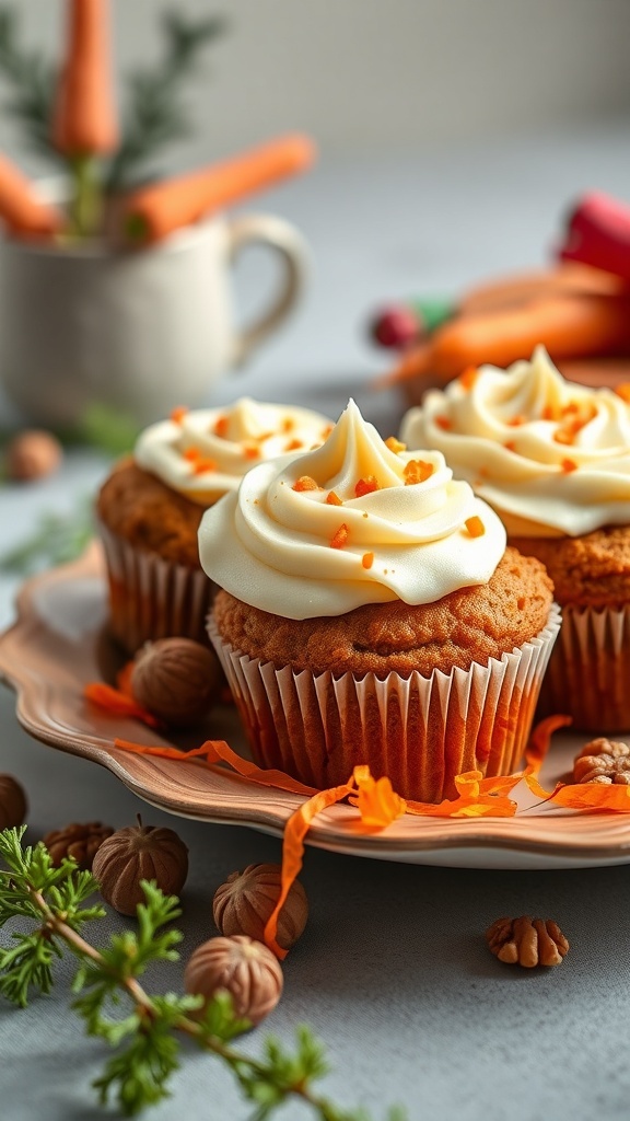 Carrot cake muffins topped with cream cheese frosting, surrounded by fresh carrots and nuts.