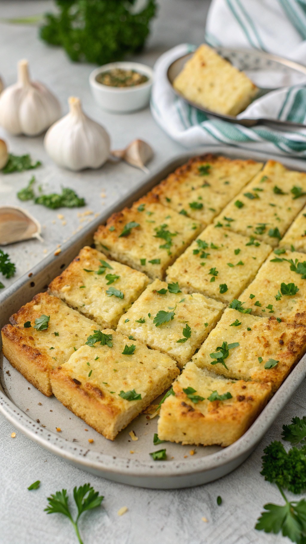 A tray of golden-brown cauliflower garlic bread squares, garnished with parsley, surrounded by garlic cloves and fresh herbs.