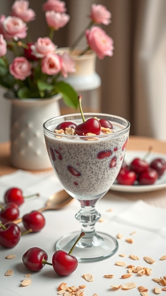 A glass of cherry almond chia pudding topped with fresh cherries and almonds, with flowers in the background.
