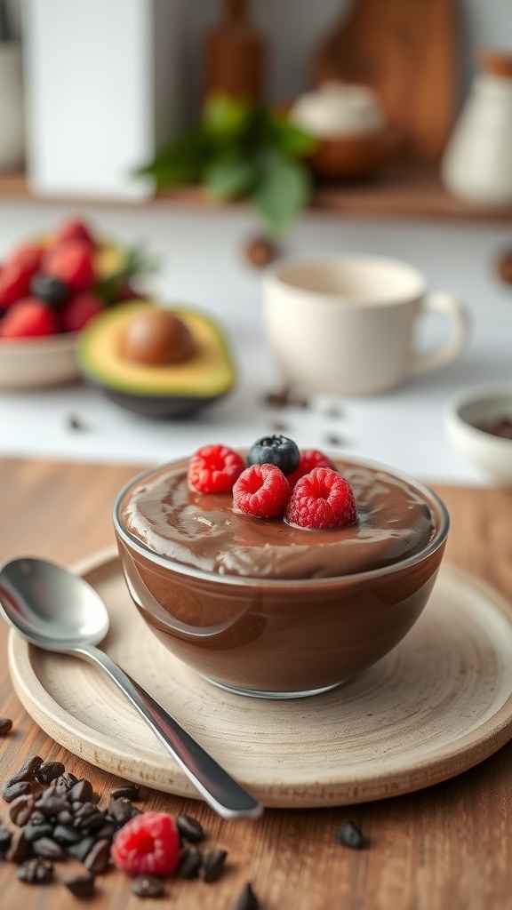 A bowl of chocolate avocado pudding topped with raspberries and blueberries, with an avocado and coffee cup in the background.