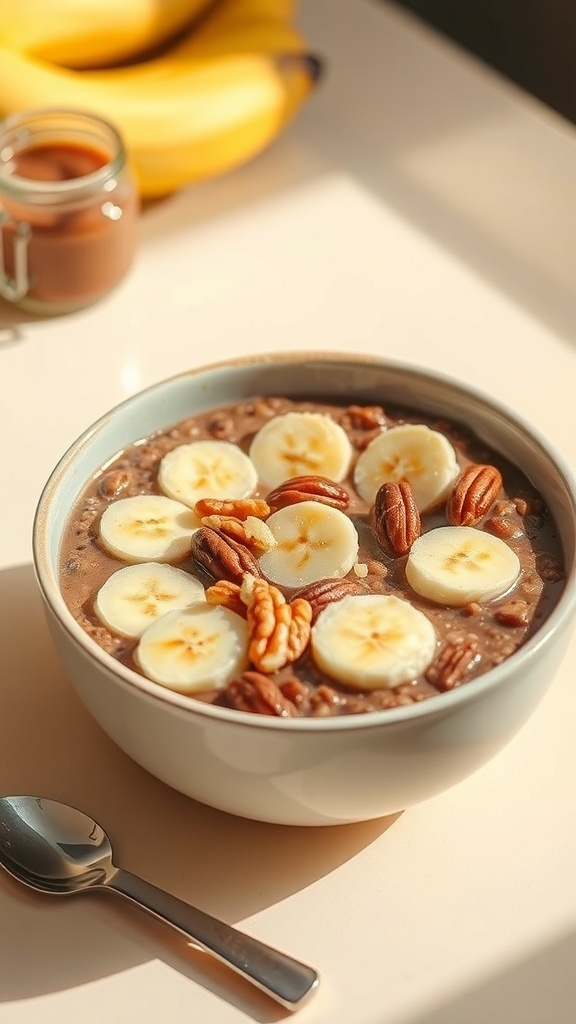 A bowl of chocolate oatmeal topped with banana slices and pecans, with bananas in the background.