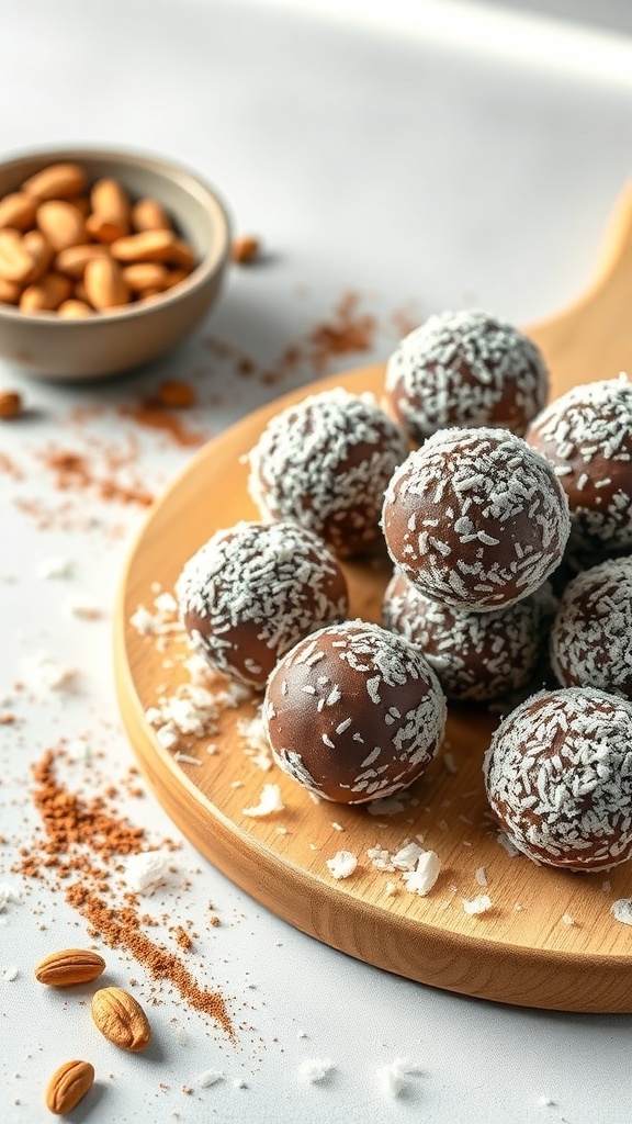 A wooden platter with chocolate protein energy balls coated in shredded coconut, surrounded by almonds and cocoa powder.