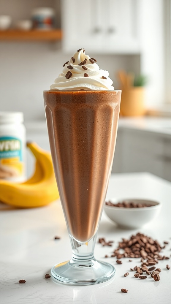 A tall glass of chocolate protein smoothie topped with whipped cream and chocolate chips, with a banana and chocolate chips in the background.