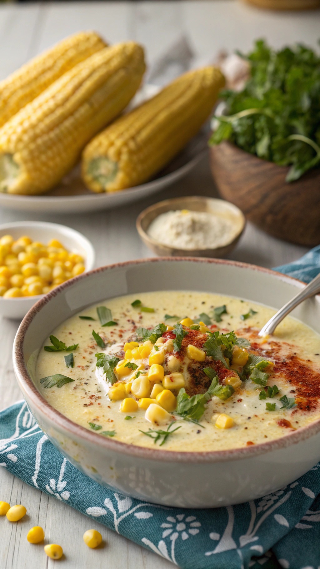 A bowl of creamy corn chowder topped with corn and parsley, with fresh corn on the cob in the background.