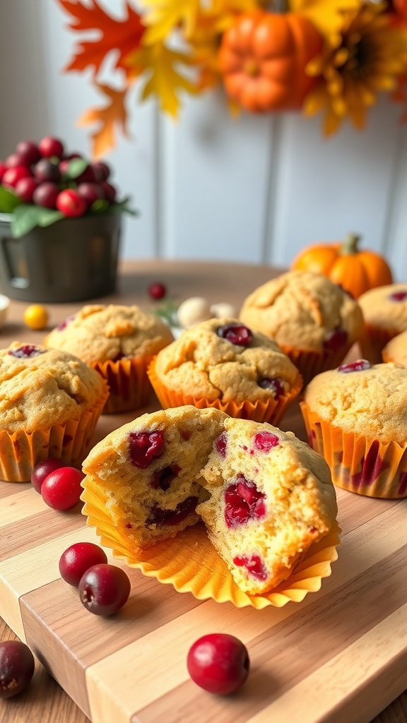 Delicious cranberry orange muffins displayed with fresh cranberries and autumn decorations.