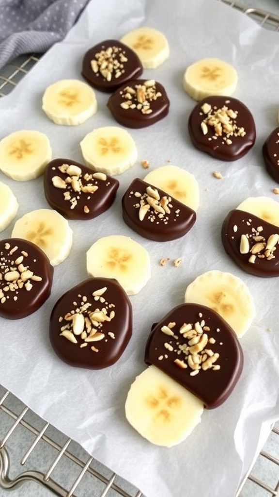 A tray of dark chocolate banana bites, some dipped in chocolate and topped with nuts, arranged on parchment paper.