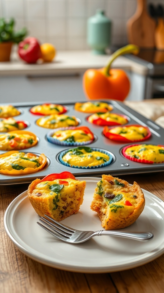 A tray of colorful egg muffins with spinach and bell peppers, some cut in half on a plate.