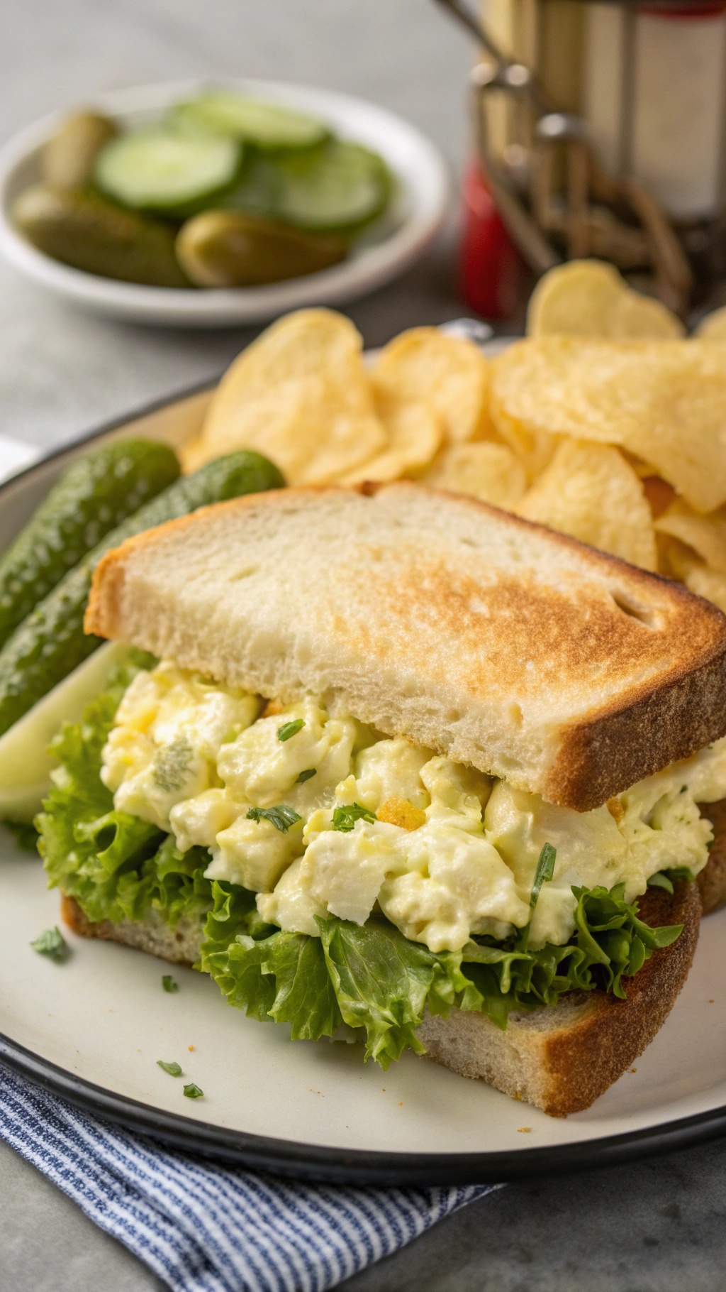 A delicious egg salad sandwich with lettuce, served with pickles and chips.