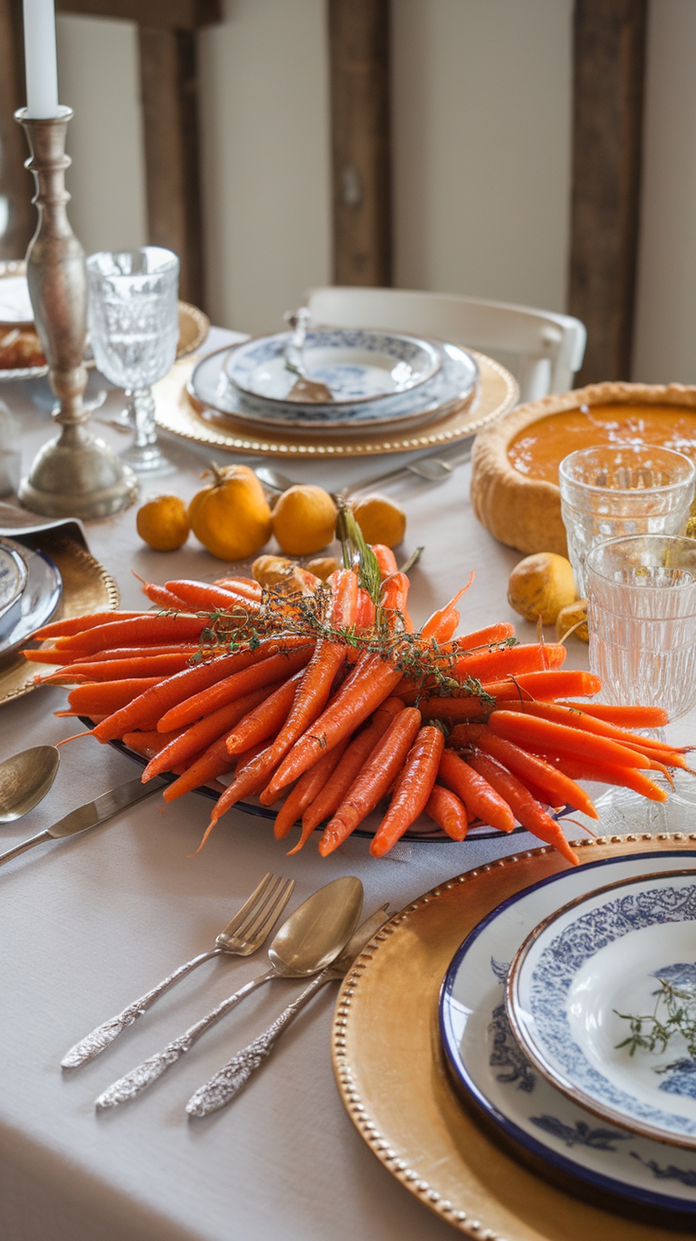 A beautiful table setting featuring glazed carrots, elegant plates, and a pumpkin pie.