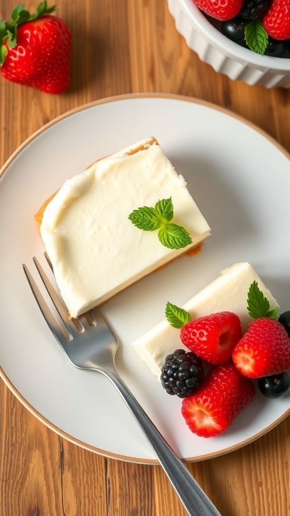 A slice of Greek yogurt cheesecake topped with berries and mint leaves on a plate.