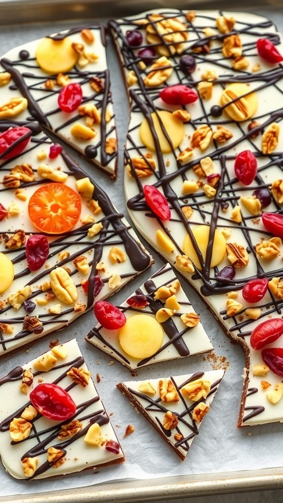 A colorful chocolate bark topped with nuts and fruits, showcasing a healthy dessert option.