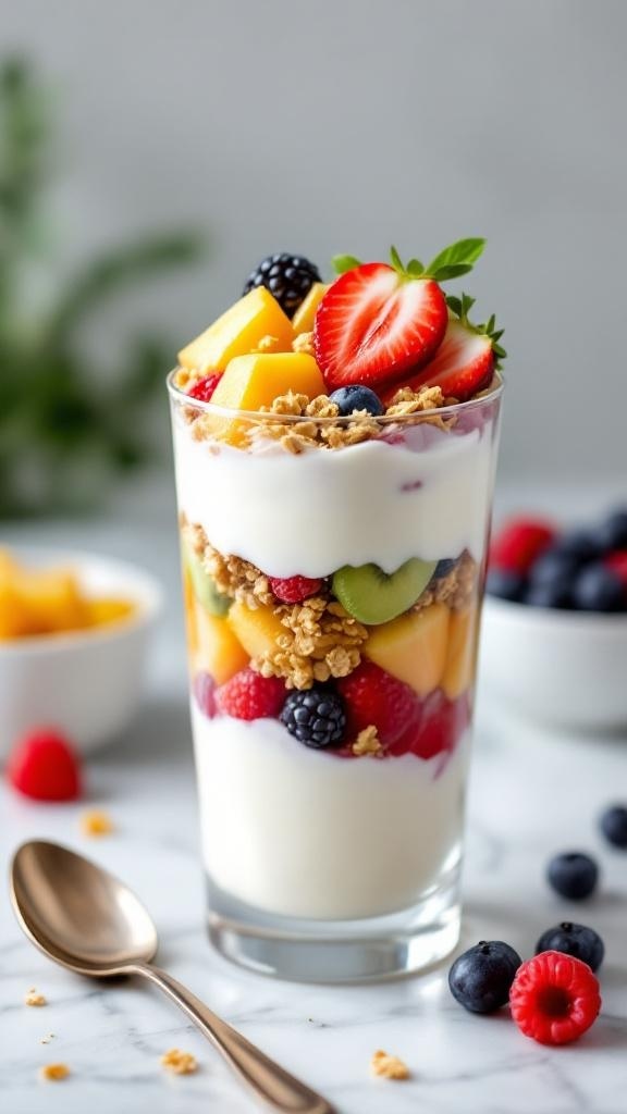 A colorful Greek yogurt parfait with layers of yogurt, granola, and fresh fruits.
