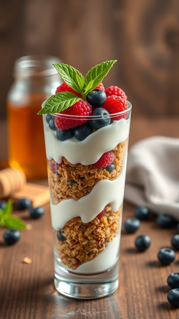A delicious Greek yogurt parfait with layers of yogurt, granola, and fresh berries.