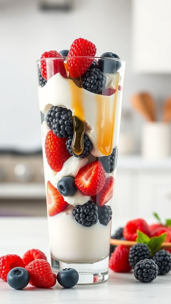 A tall glass filled with layers of Greek yogurt, mixed berries, and honey, garnished with mint leaves.