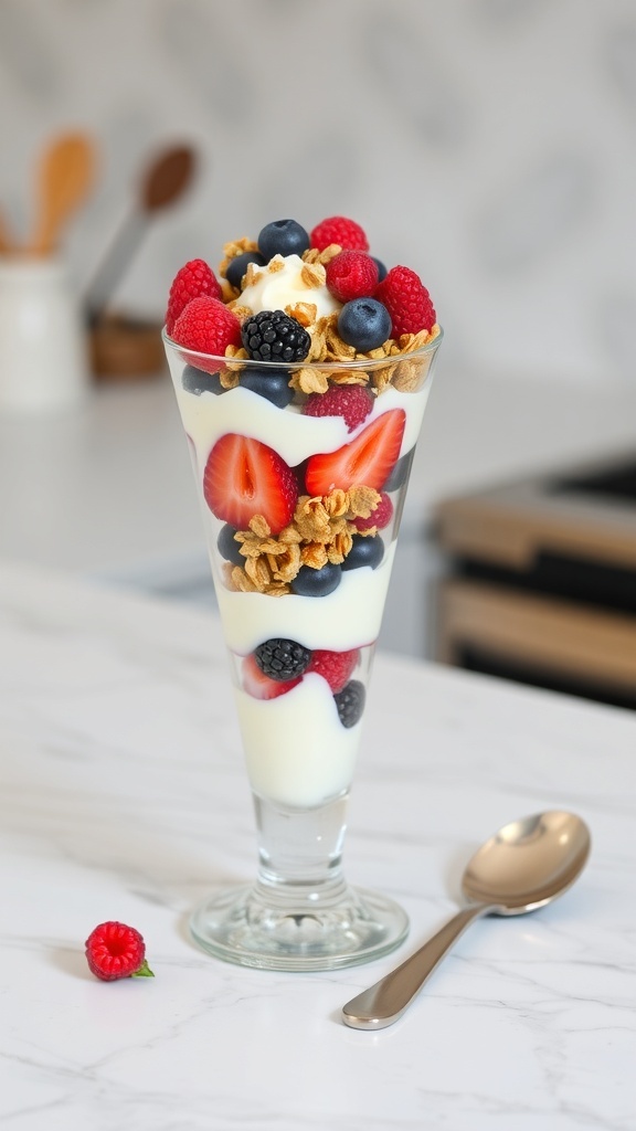 A delicious Greek yogurt parfait with layers of fresh fruits and granola in a glass.