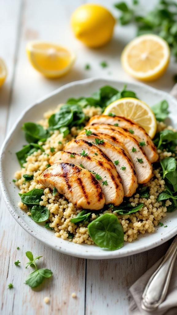 A plate of grilled chicken served with quinoa and fresh spinach, garnished with lemon wedges.