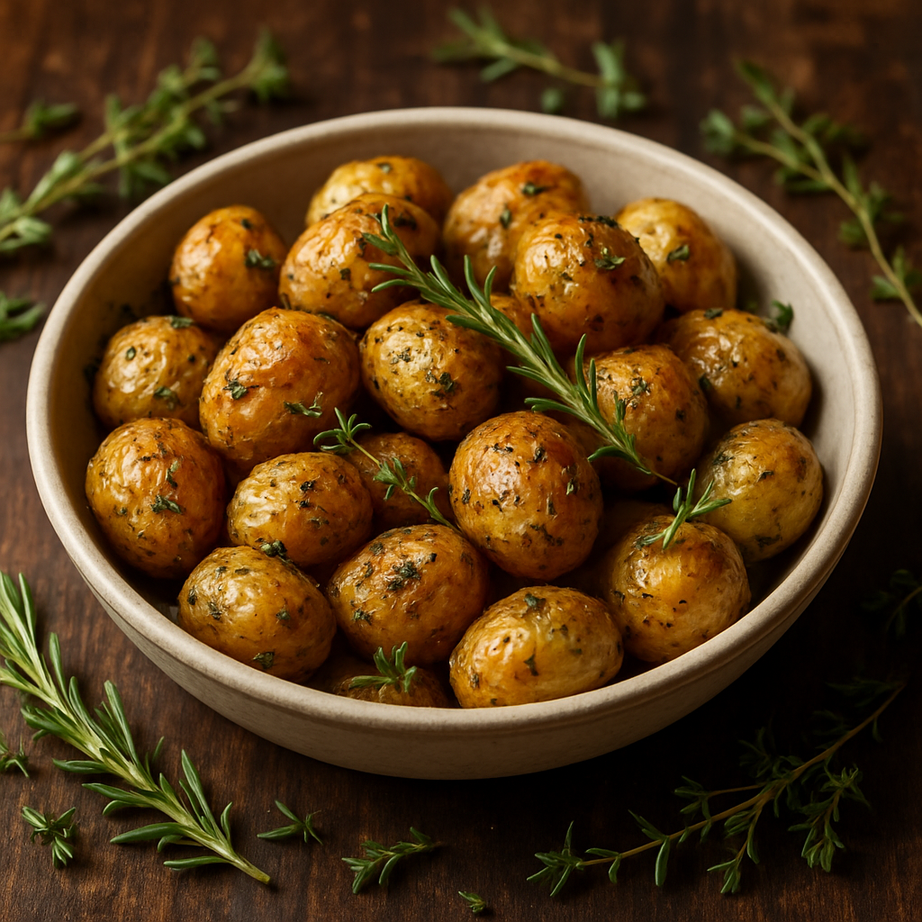 A bowl of herb-roasted baby potatoes garnished with fresh herbs.