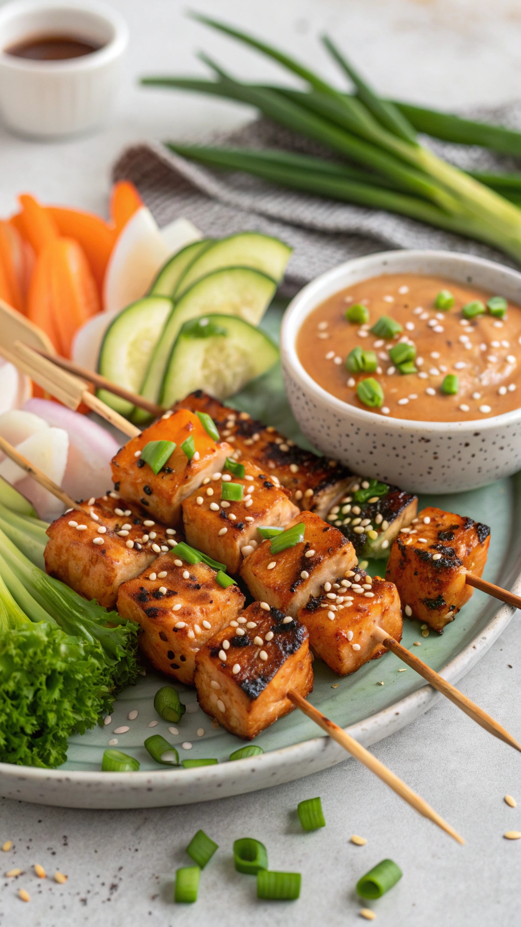 Honey garlic salmon skewers served with fresh vegetables and dipping sauce