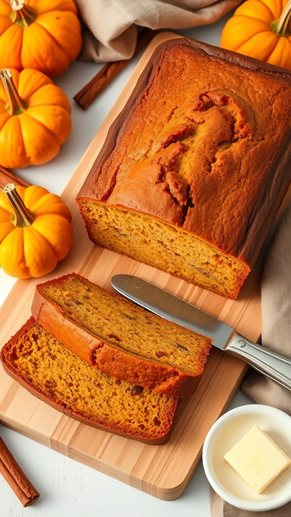 A loaf of keto pumpkin bread with slices cut, surrounded by small pumpkins and cinnamon sticks.