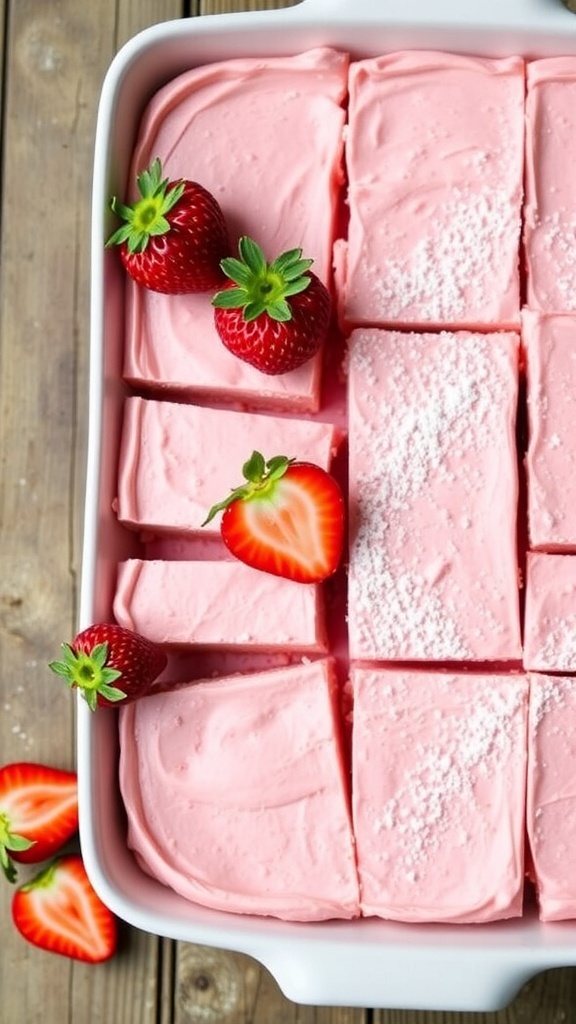 Keto Strawberry Cream Cheese Bars in a baking dish, topped with fresh strawberries