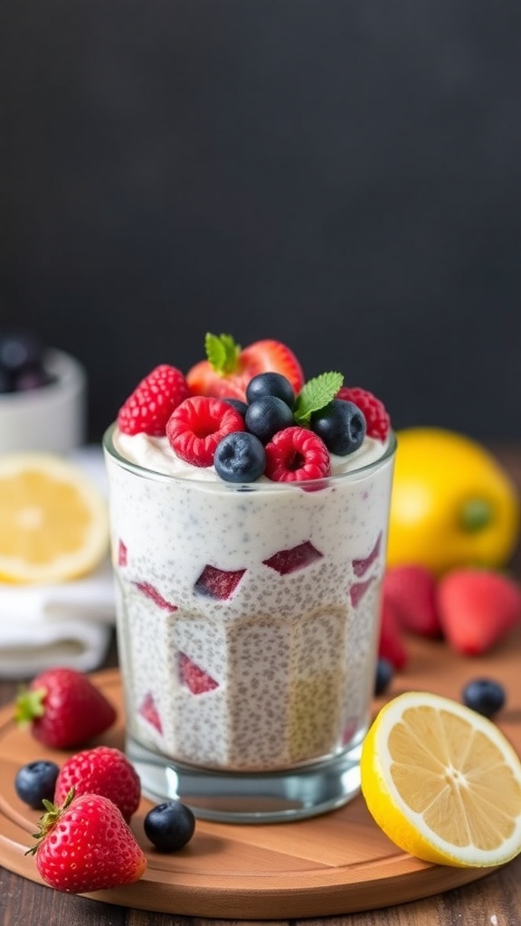 A glass of lemon chia seed pudding topped with fresh berries and mint leaves, with lemons in the background.