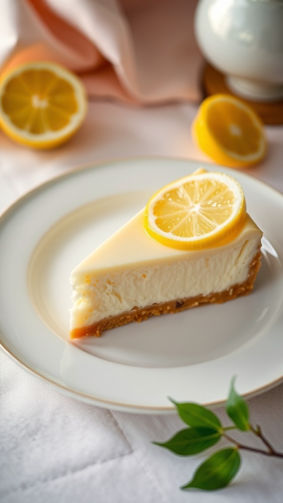 A slice of low-calorie lemon cheesecake garnished with a lemon slice and mint leaves, with the whole cheesecake in the background.