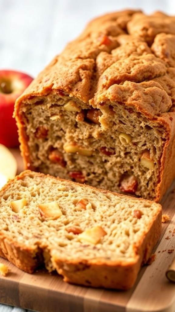 A loaf of low-carb apple bread sliced to show the inside with apple chunks.