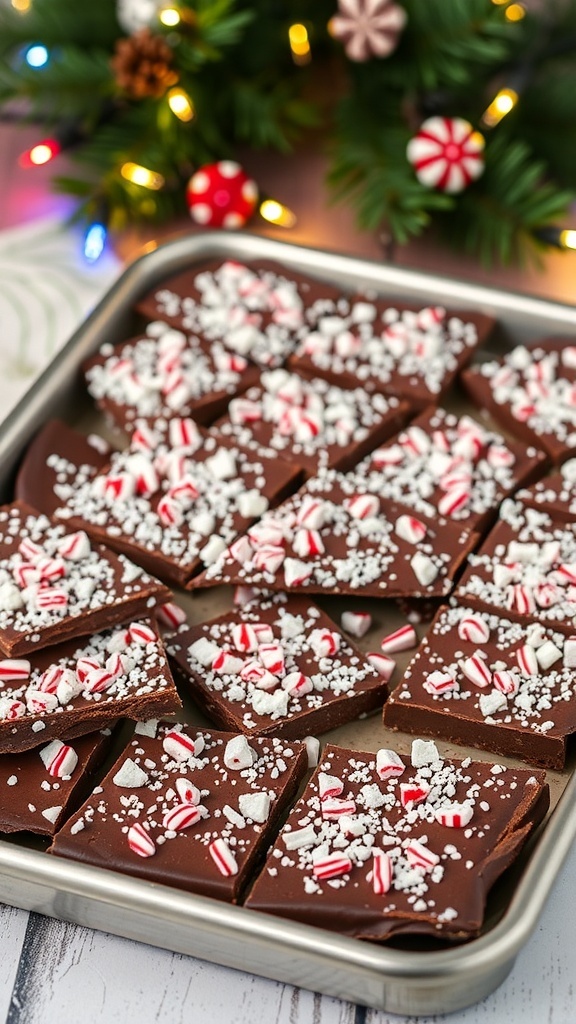 A tray of chocolate peppermint bark decorated with crushed peppermint candies, perfect for holiday celebrations.