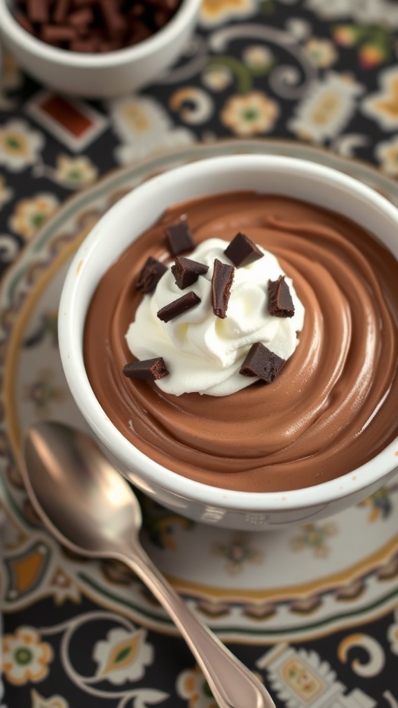 A bowl of creamy low-carb chocolate pudding topped with whipped cream and chocolate shavings.