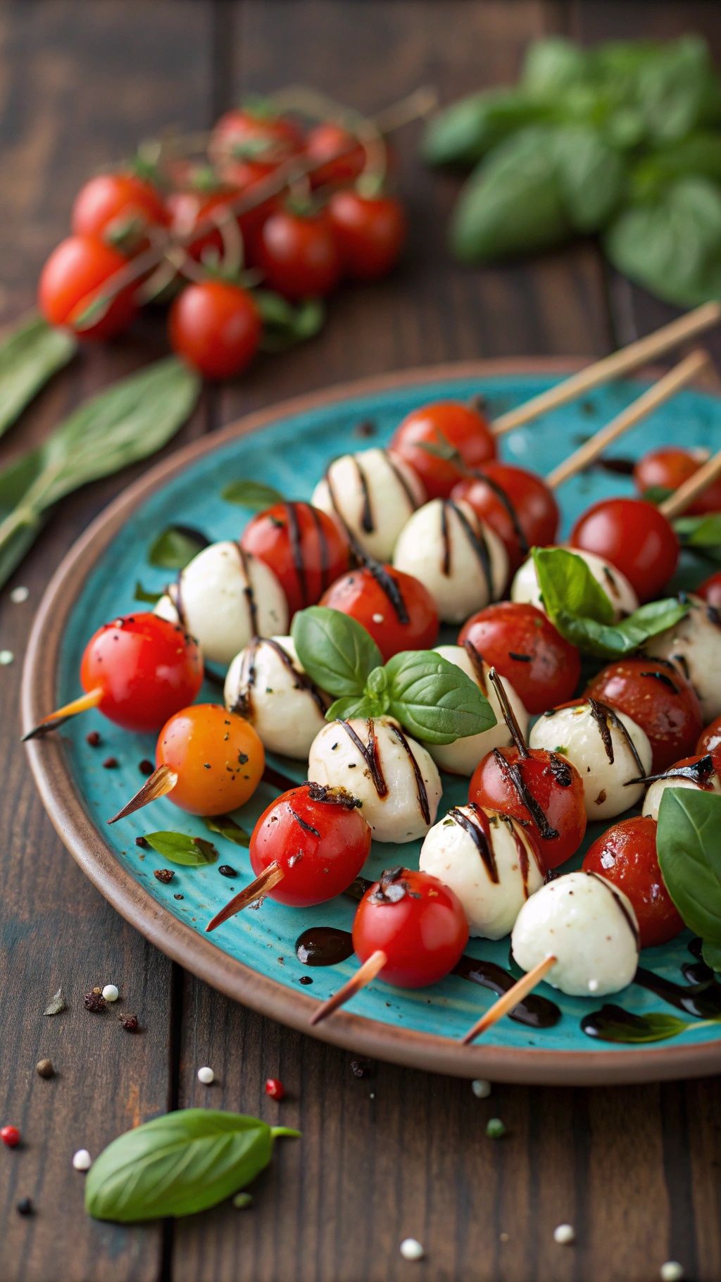 A plate of mini Caprese skewers with cherry tomatoes, mozzarella balls, and basil leaves, drizzled with balsamic glaze.