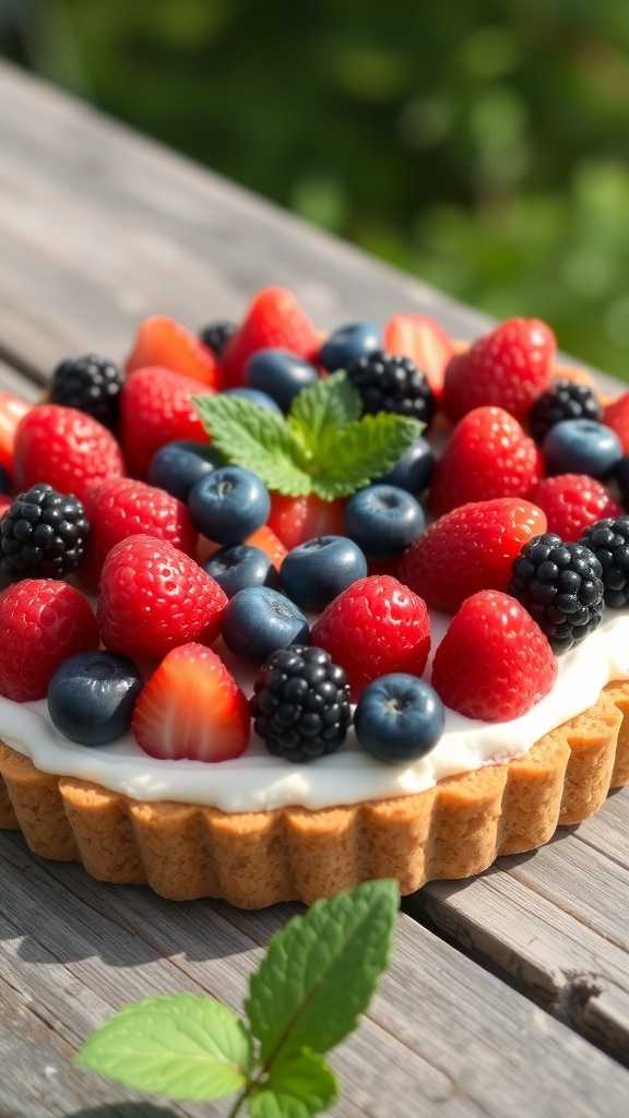 A colorful no-bake berry tart topped with strawberries, blueberries, raspberries, and blackberries, placed on a wooden table.