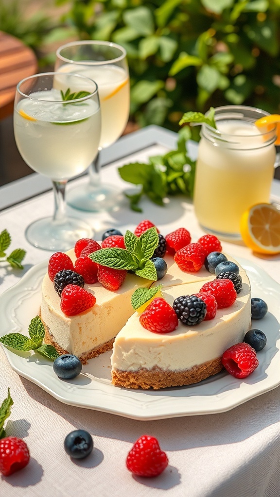 A delicious no-bake cheesecake topped with fresh berries, served with refreshing drinks.