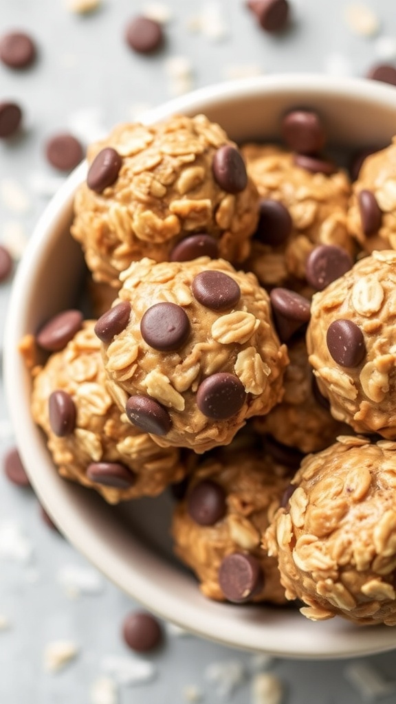 A bowl of no-bake energy bites with oats and chocolate chips