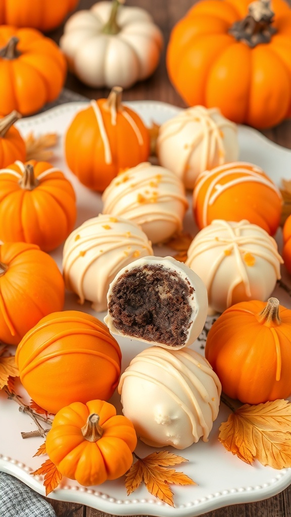 A plate of No-Bake Oreo Pumpkin Truffles surrounded by small pumpkins and autumn leaves.