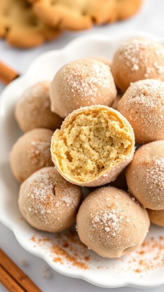 A plate of no-bake snickerdoodle cookie truffles dusted with cinnamon sugar, with one truffle cut in half showing the creamy filling.