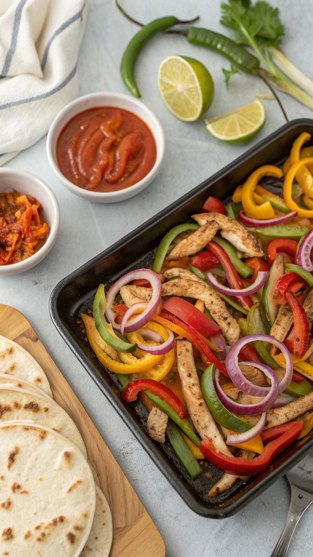 A colorful display of chicken fajitas with sliced bell peppers and onions on a baking sheet, accompanied by tortillas and sauces.