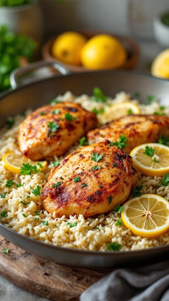 One-Pan Lemon Garlic Chicken and Rice with fresh parsley and lemon slices