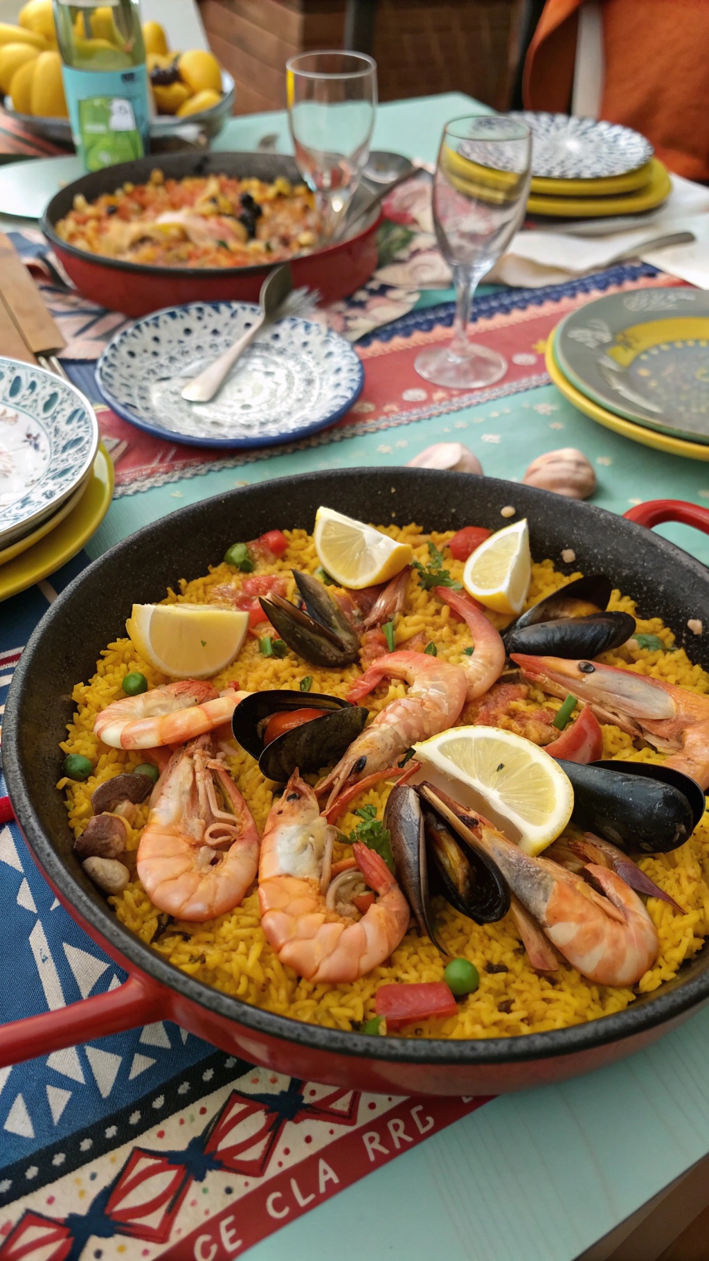 A vibrant seafood paella with shrimp, mussels, and lemon slices, served in a large pan on a colorful table.