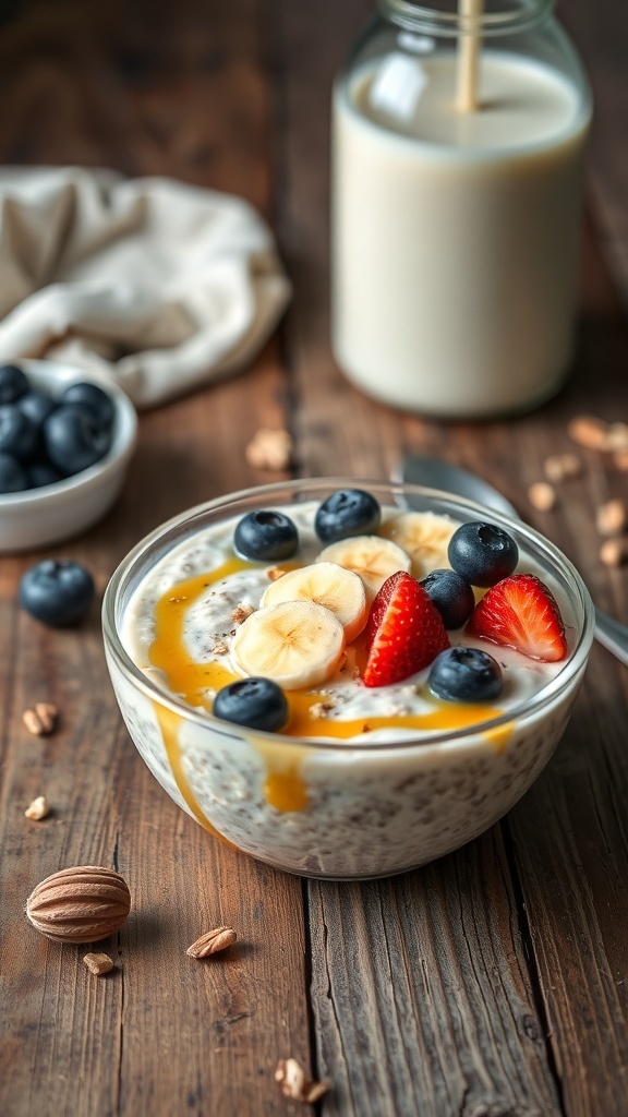 A bowl of overnight oats topped with banana slices, strawberries, and blueberries, with a glass of milk in the background.