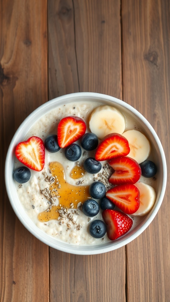A bowl of overnight oats topped with strawberries, blueberries, and banana slices on a wooden table.