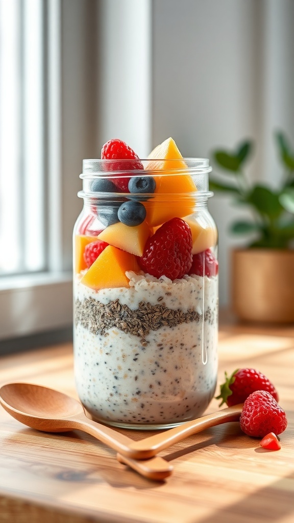 A jar of overnight oats topped with fresh fruits and chia seeds, sitting on a wooden table.